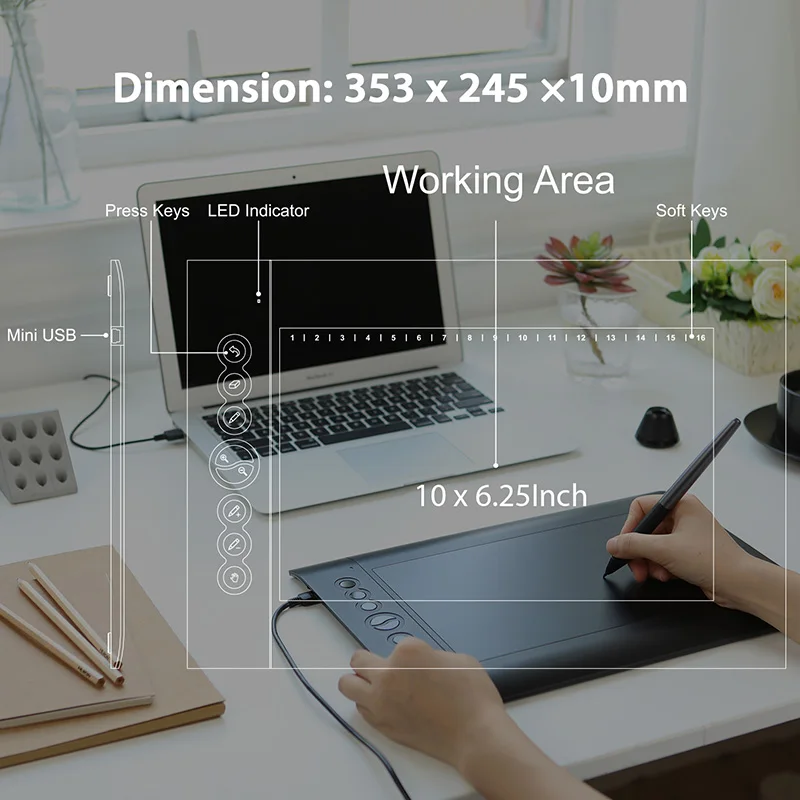 Графический планшет HUION H610 PRO V2 профессиональный цифровой для рисования с не
