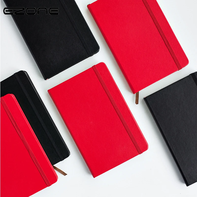 

EZONE PU Cover Bandages Notebook Grid/Blank/Line Pages Pure Red/Black Color Traveler Journey Diary Daily Memo Pad Office Supply