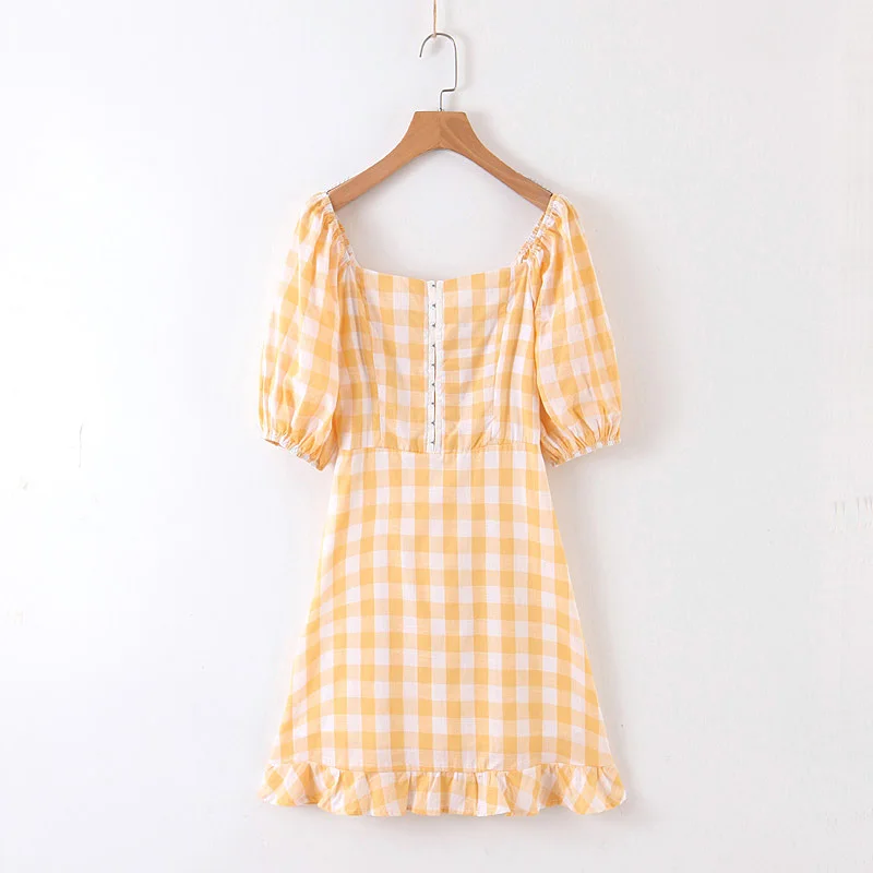 

2019 summer pretty plaid ruffle dress women square neck puff sleeve mini dress boho beach female vestidos dress