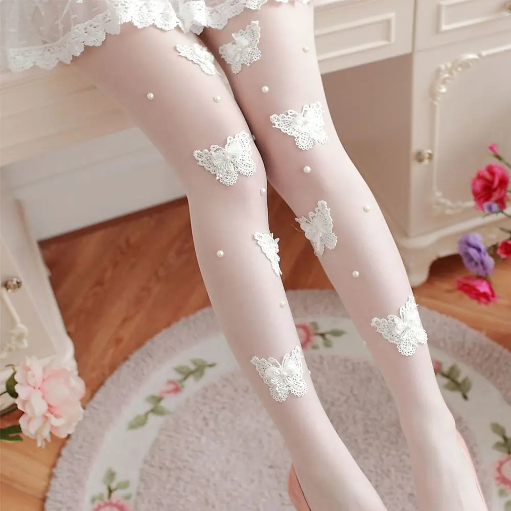 

Sweet Lace White Butterfly Pattern Ultra Thin Tights Handmade Fancy Embroidered Pantyhose collants femme