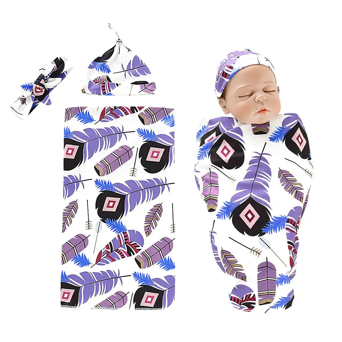 

Newborn Baby Cotton Blanket Sleeping Bag Muslin Swaddle Wrap+Hat+Headband 3pcs