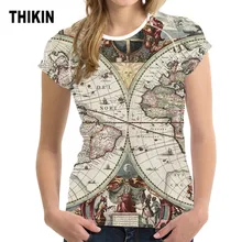 THIKIN одежда винтажные карты мира узоры женские футболки Летние пользовательские бренд короткий рукав Crewneck Модные топы леди