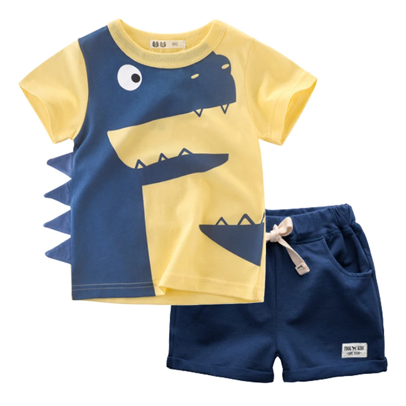 BINIDUCKLING Summer Boys Kids Clothes Cartoon Dinosaur O-Neck T-Shirt+Shorts Pure Cotton Children Boy Clothing Set 2T 3T 4T 5T | Детская