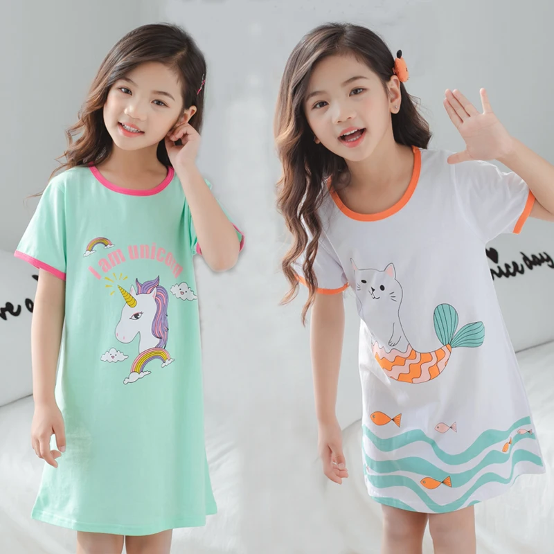 

2019 New Summer Children's Cotton Nightdress Unicorn Nightgown Kids Girls Nightshirt Big Girl Cotton Pajamas Nightie Gecelik