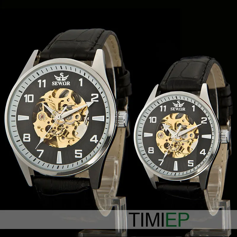 NEW Fashion Couples watch Skeleton Transparent Auto Mechanical Leather Watch 2 Men Women