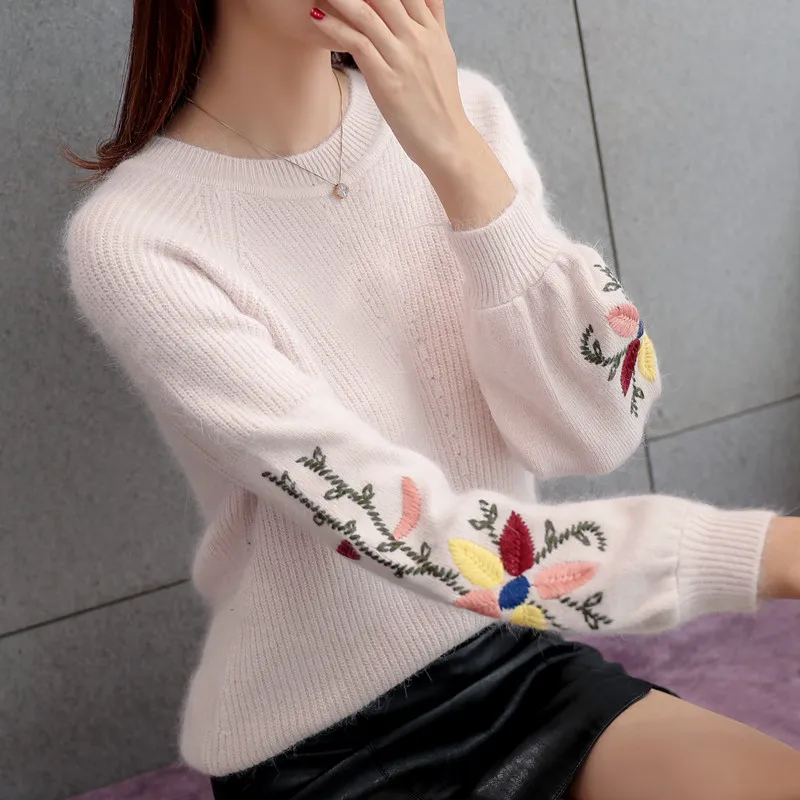 

Girl 2019 new autumn and winter wool sweater loose backing Embroidered Floral students low Pullover