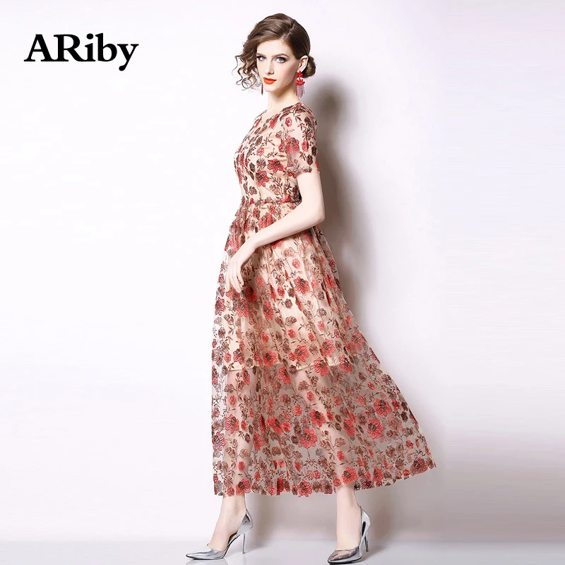 Women Party Dress 2019 New Early Summer Fashion Office Lady Print Dress O-Neck Lace Hollow Out High-end Embroidered A-Line Dress