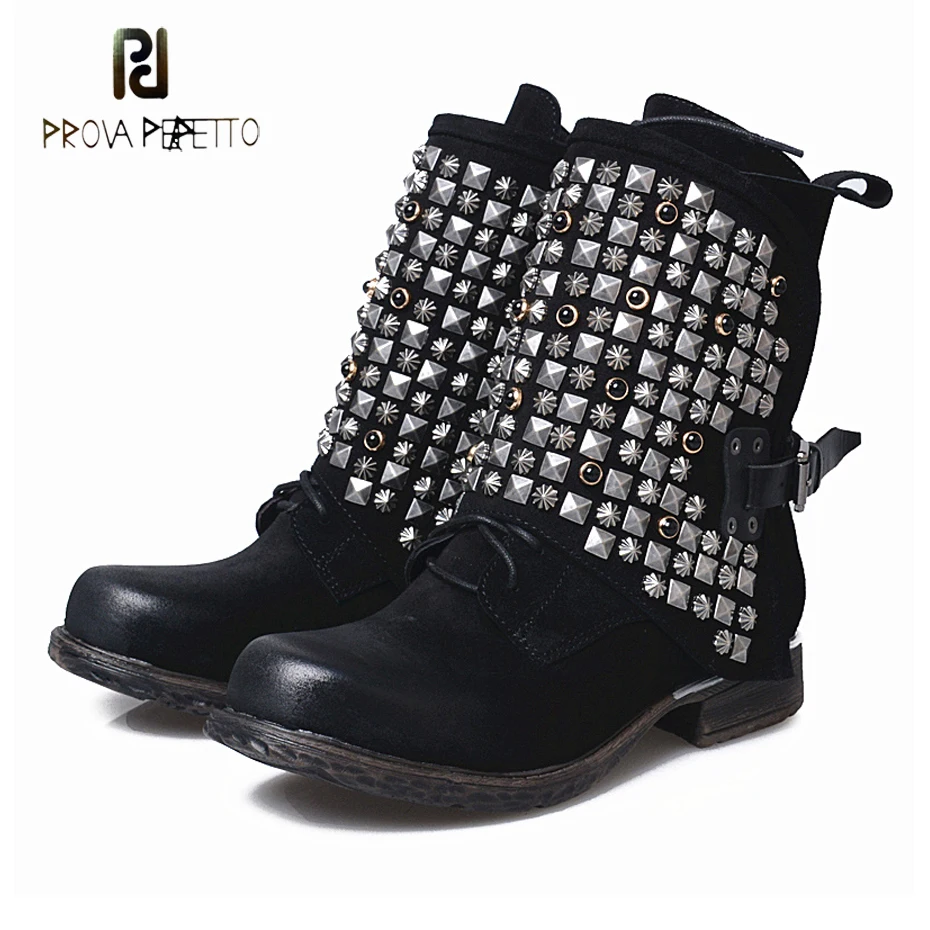 

Prova Perfetto low heel winter short boots women fashion rivet metal decor chelsea boots belt buckle suede women knight boots