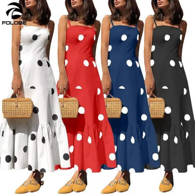 

FOLOBE Women Summer Long Polka Dot Straps Dress Cute Elegant Vacation Lady Beach Sundress Female Runway Korean Dress