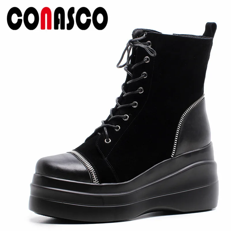 

CONASCO Fashion Women Ankle Boots Cow Suede Autumn Winter Warm Flats Platforms Shoes Round Toe Cross-tied Casual Shoes Woman