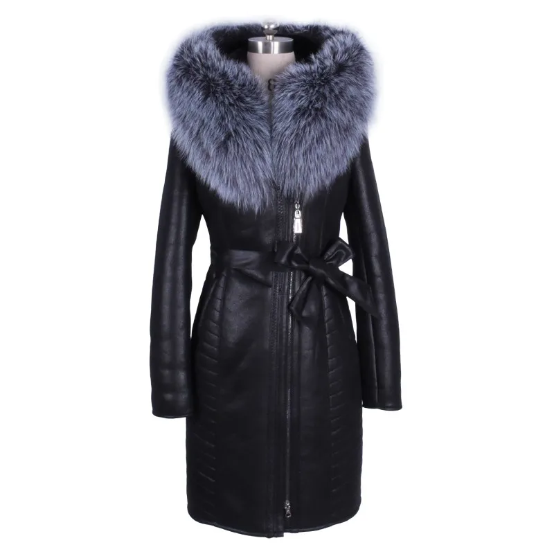Winter Fashion Womens Real Fur Collar Jacket Long Sleeve Zipper Female Coat Chaquetas De Cuero Mujer Motorcycle Biker Plus Size