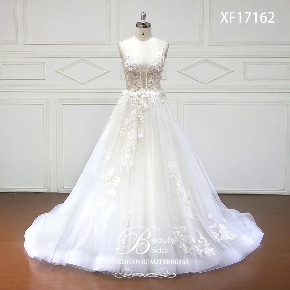 Wedding Dresses V-Neck Court Train Lace Applique Crystal Beading Bride Dress Gowns Vestidos De Novia XF17162