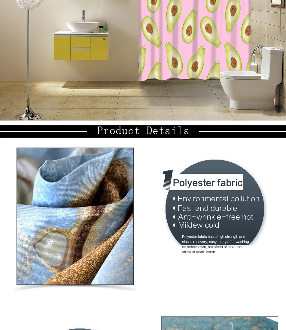 Miracille Avocado Bathroom Curtain Mat Set Waterproof Polyester Shower Curtains and Anti-slip Mat Home Decoration