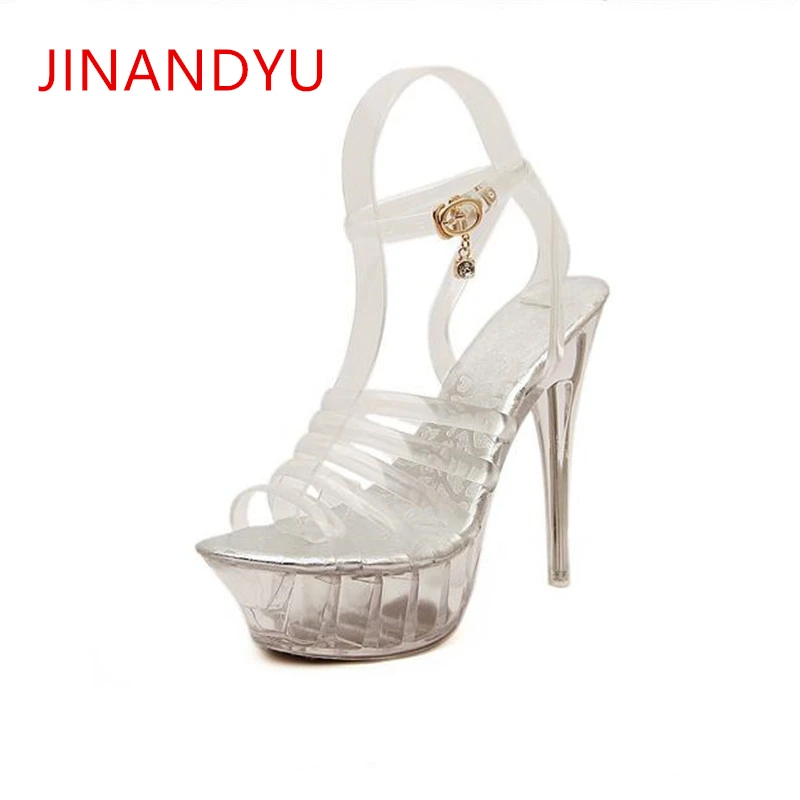 

Steel Pipe Dance Crystal Shoes Chunky Sandals Platform Transparent Sandals Super High Heel 14CM 2019 New Female Transparent Shoe