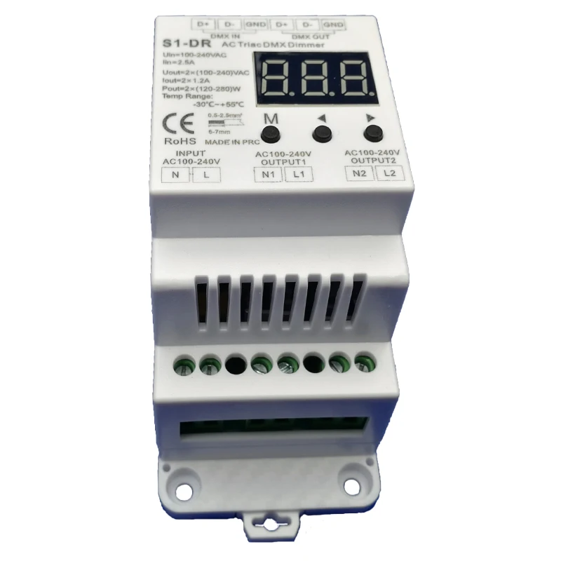 Новый S1 DR светодиодный AC симистор DMX512 диммер 100V 240V Мощность Вход 2 x 1.2A Выход din