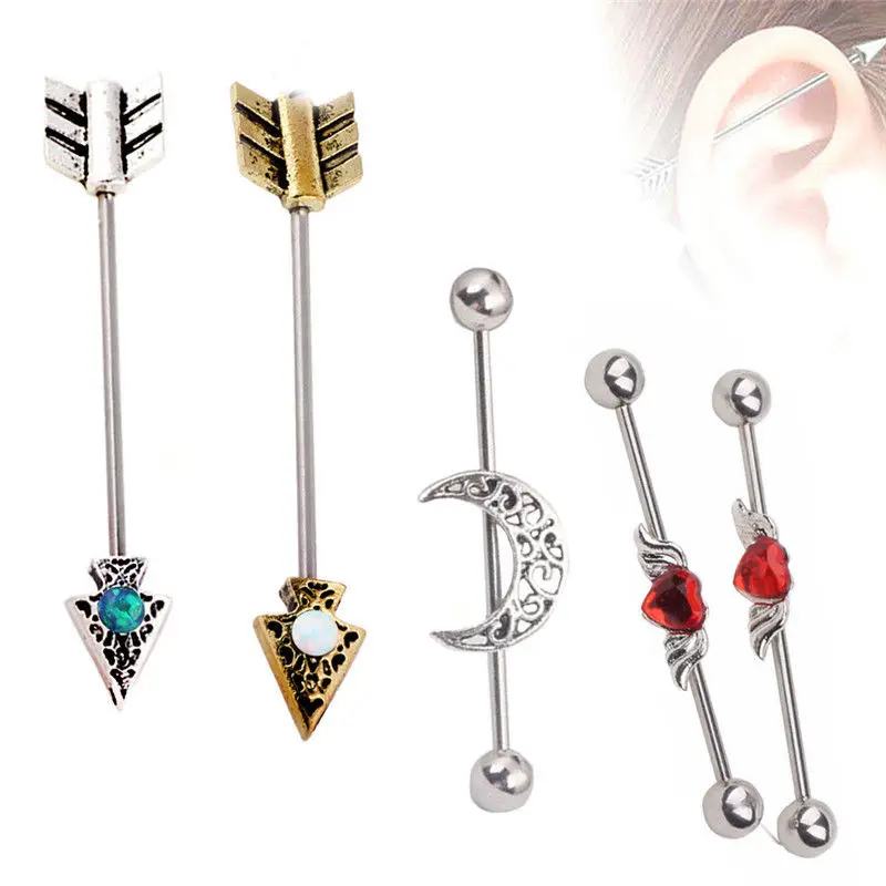 

1PC Chic Silver Plated Ear Piercing Heart Arrow Industrial Cartilage Long Straight Bar Rings Women Men Ear Studs Punk Jewelry