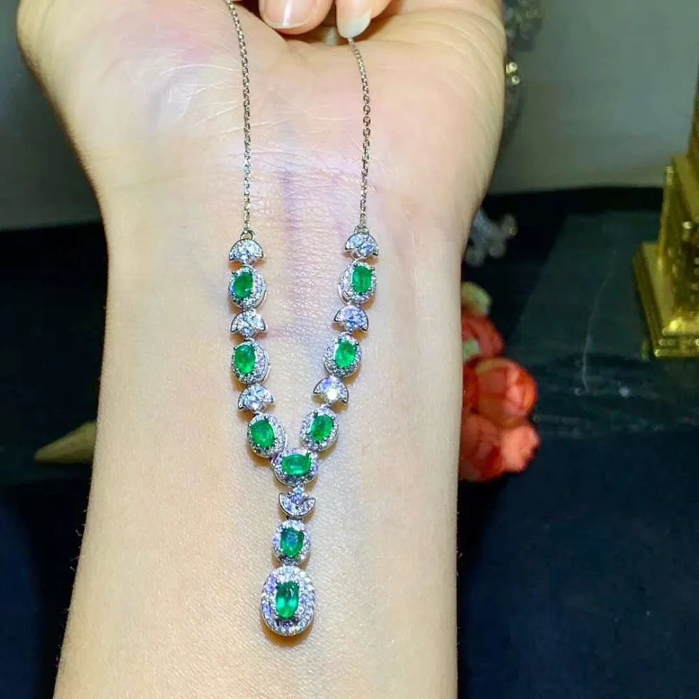 Ожерелье с натуральным зеленым изумрудом, ожерелье с подвеской из натурального драгоценного камня, S925 Серебряный Модный полукруглый веер для женщин, вечерние ювелирные изделия в подарок
