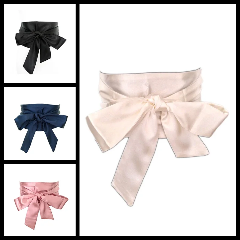 New Woman Belt Black 13cm Wide Satin Sash Wrap Tie Belts for Women Lady