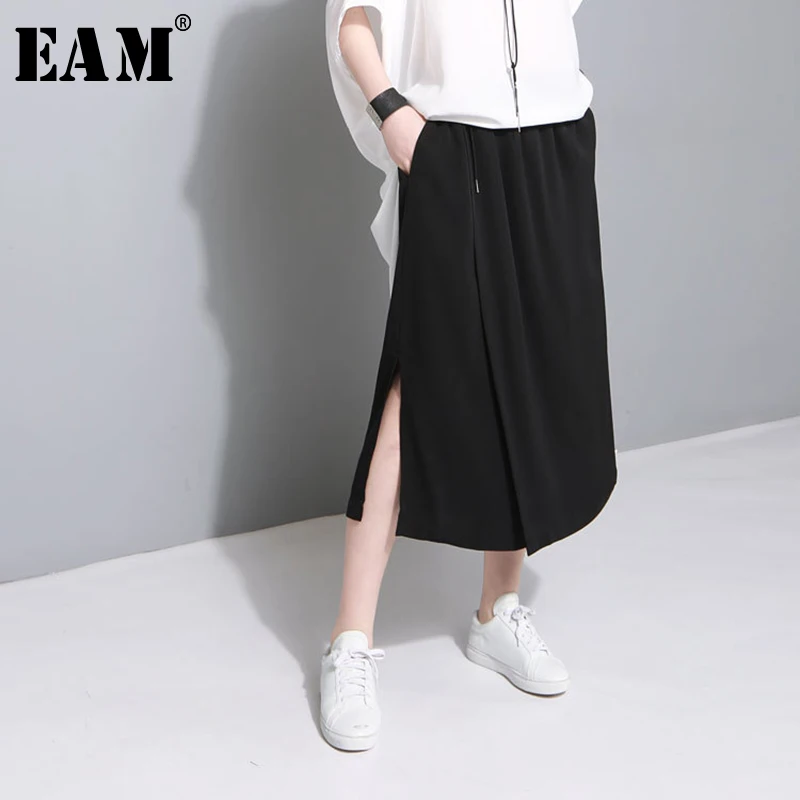 

[EAM] 2019 New Autumn Winter High Elastic Waist Black Striped Split Joint Wide Leg Loose Pants Women Trousers Fashion JU187