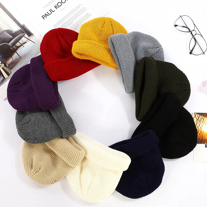 

Solid Color Knitted Hat Warm Winter Hats For Men Women Beanie Retro Sailor Cap Casual Short Thread Hip Hop Caps