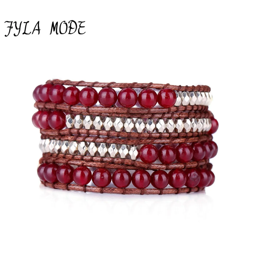 

Fyla Mode Quality Natural Dark Red Agate With Faceted Beads 4 Strands Wrap Bracelet Wax Braided Bracelets Beads Bracelet New