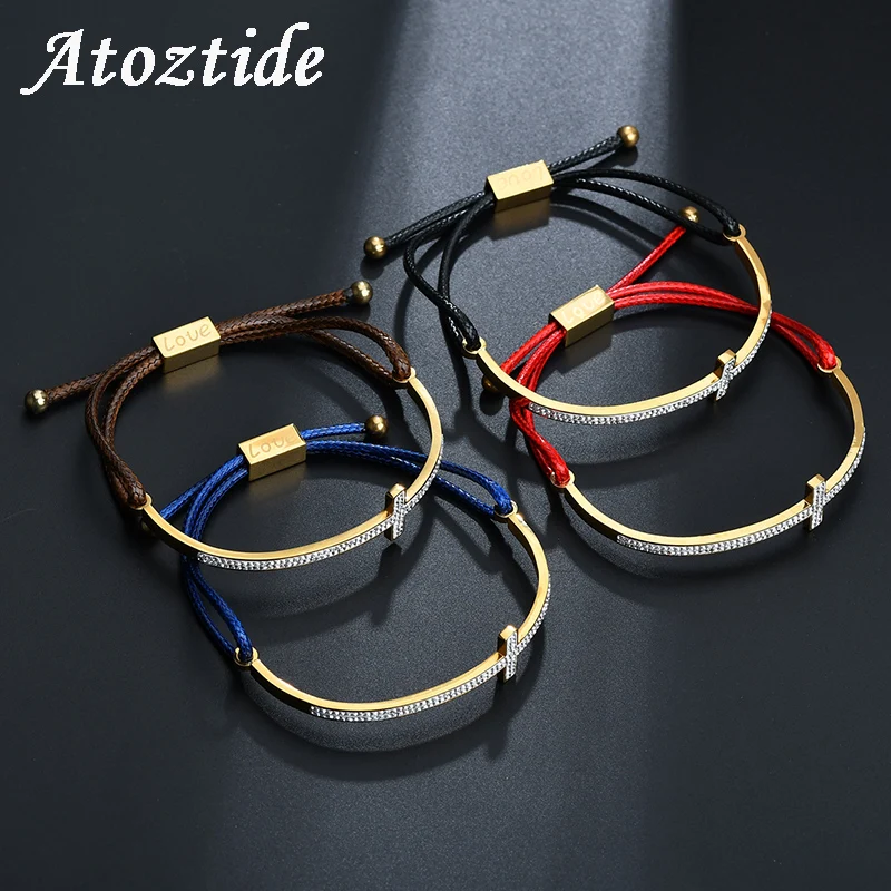 

Atoztide Charm Cross Crystal Bracelets For Women Adjustable Stainless Steel Cubic Zirconia Gold Love Rope Bracelet Wedding Gift
