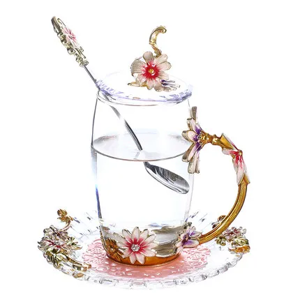 Термостойкое стекло креативная простая индивидуальная ромашка домашняя кофейная чашка симпатичный с кристаллами стеклянный сок цветок чашка - Цвет: 08 Style
