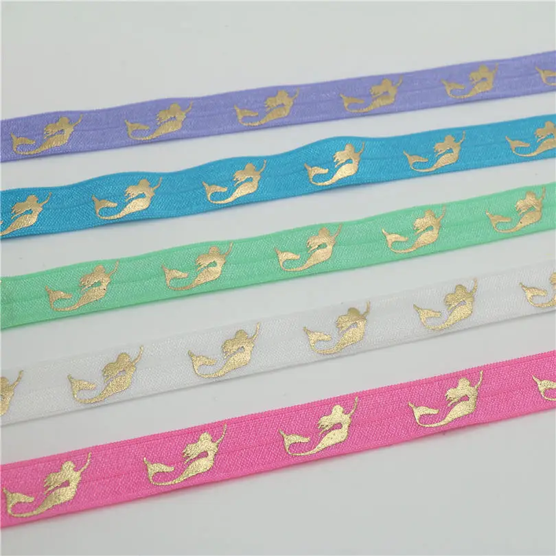 

DUWES 5/8'' Free shipping gold foil Mermaid printed Fold Elastic FOE headband headwear hairband decoration OEM D645