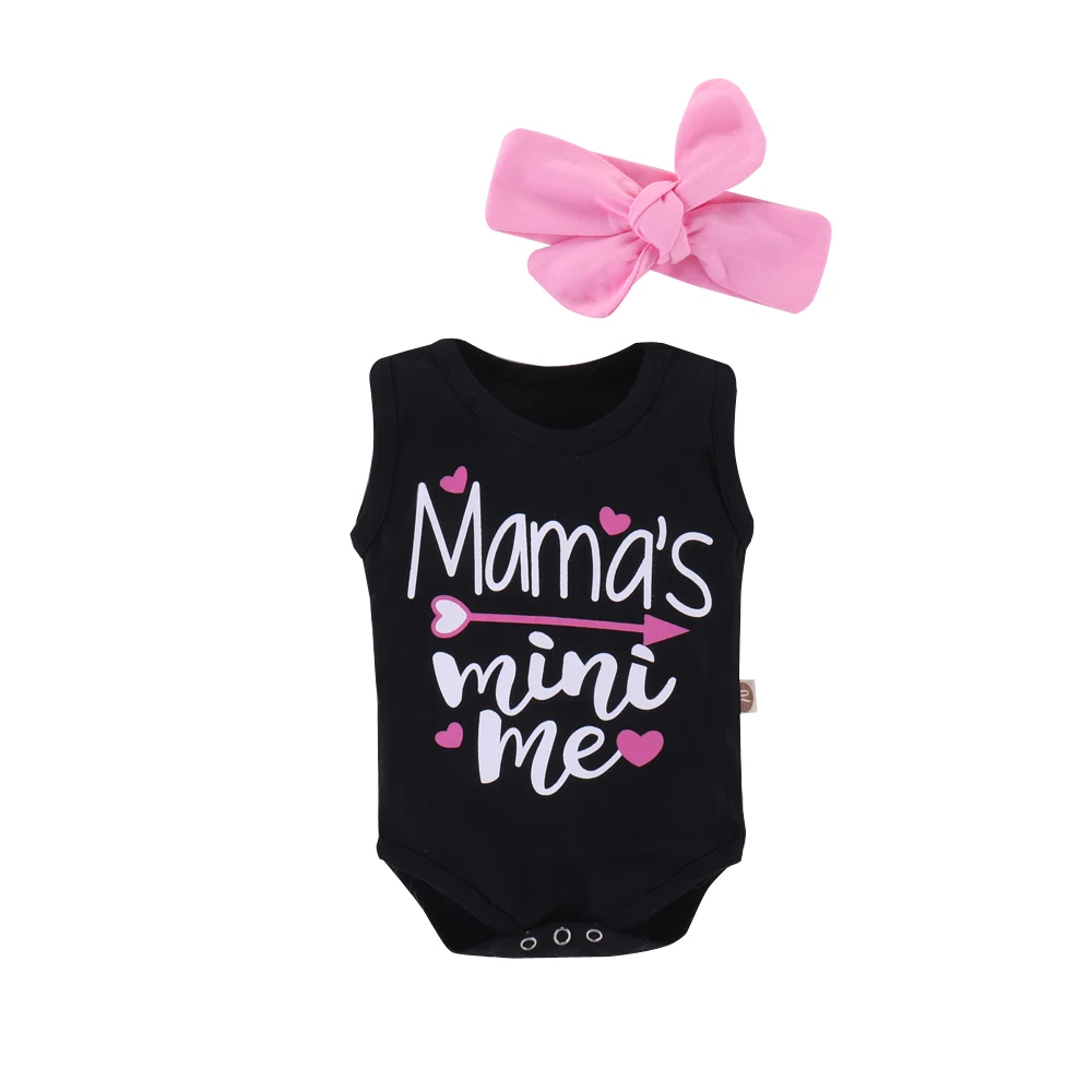 Для новорожденных для маленьких девочек летние черные топы Mama Mini Me комбинезон с