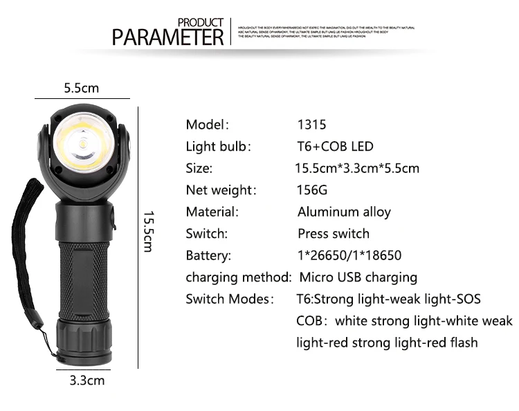 Портативный Рабочий светильник T6+ COB светодиодный светильник-вспышка красный светильник 18650 26650 перезаряжаемый аккумулятор с магнитом Поворот на 360 градусов