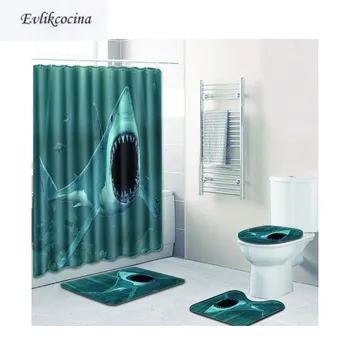 

Free Shipping 4pcs Evil Shark Open Big Mouth Banyo Paspas Bathroom Carpet Toilet Bath Mat Set Tapis Salle De Bain Alfombra Bano