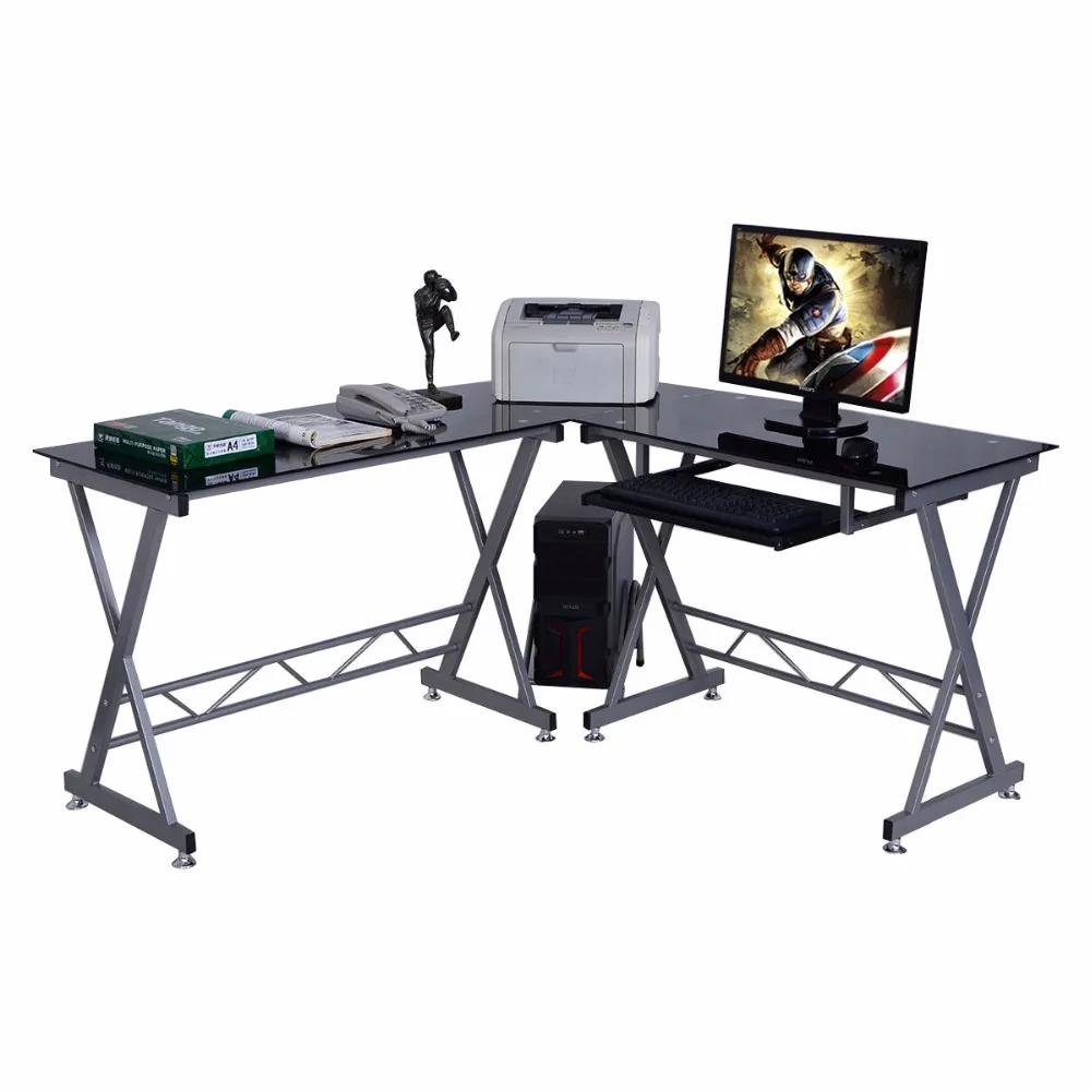 Image L Shape Computer Desk PC Glass Top Laptop Table Workstation Corner Home Office  	HW51360+