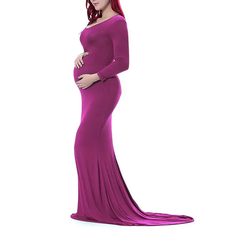 VOGUEON Women V Neck Maternity Dress Long Sleeve Ruched Maxi Photography Clothes Lady Mermaid Pregnant Baby Shower Evening Gown