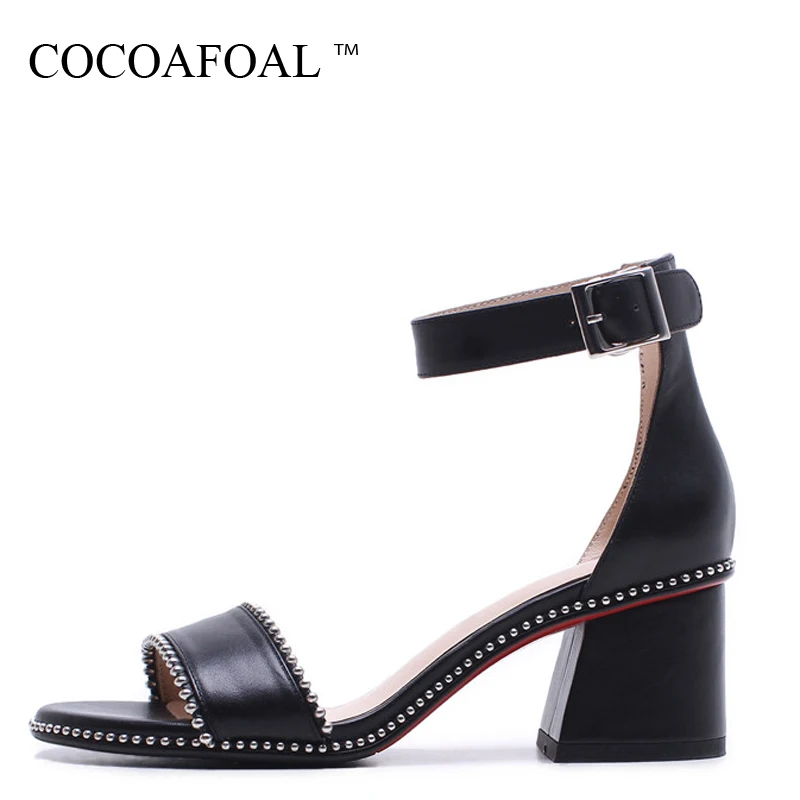 

COCOAFOAL Women Sheepskin Sandals Fashion Buckle Strap Black White High Heeled Shoes String Bead Genuine Leather Sandals 2018