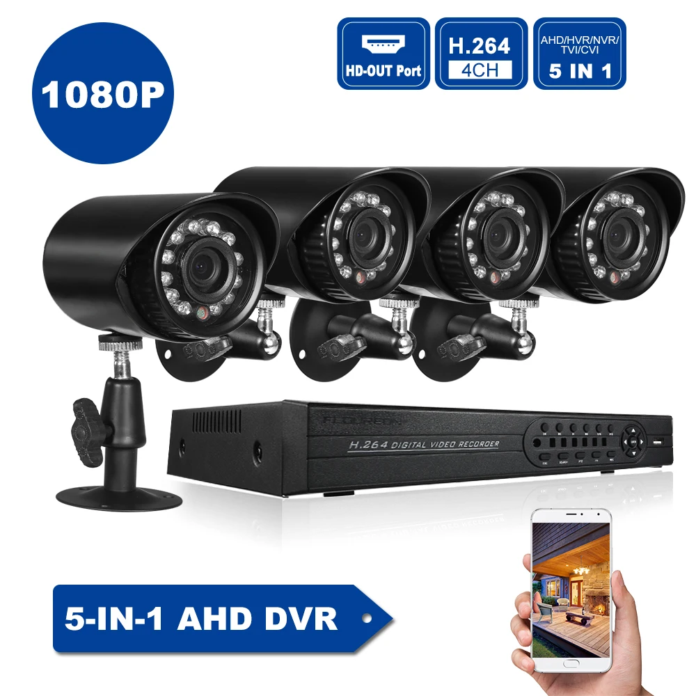 

4CH 1080P Hybrid NVR AHD TVI CVI DVR 5-in-1 Digital Video Recorder + 4*720P Outdoor/Indoor Infrared Bullet Camera