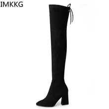 Г., модные осенне-зимние сапоги женские замшевые сапоги на квадратном каблуке ботфорты на Высоком толстом каблуке черный цвет, a687