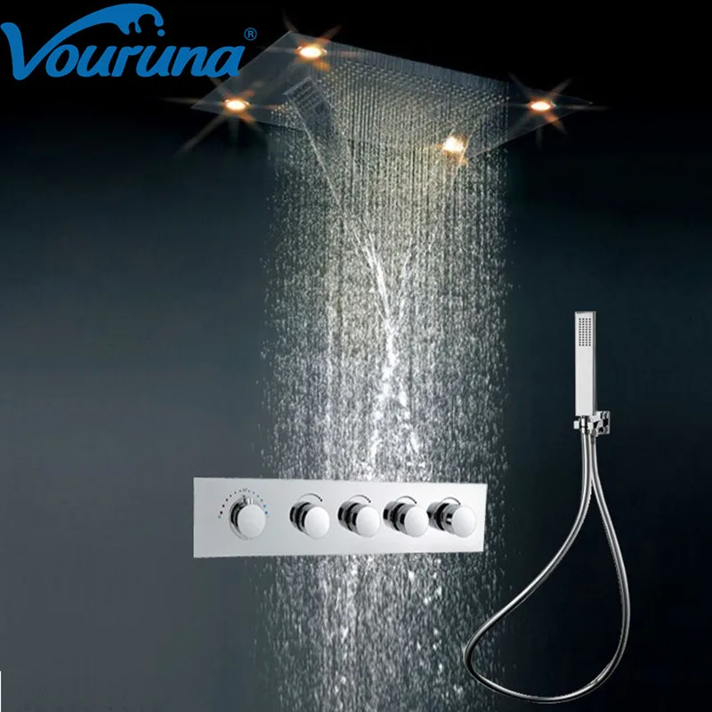 

VOURUNA Modern Luxury European Style Large Sus Thermostatic Waterfall Rainfall Bathroom Led Ceiling Rain Shower Set