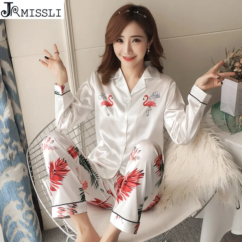 JRMISSLI Silk Pajamas Sets Women Pyjamas Flamingo Printed Sleepwear