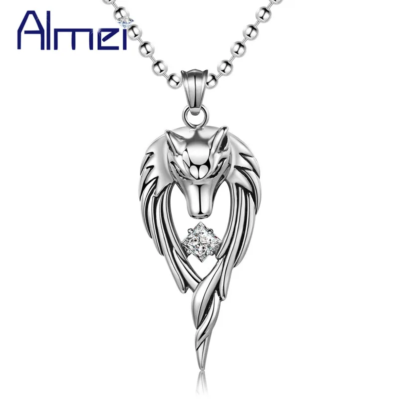 

Almei 5% Punk Wolf Stainless Steel Anime Necklace Men Jewellery Necklaces&Pendants Men's Gothic New Jewelry With Chain STN511
