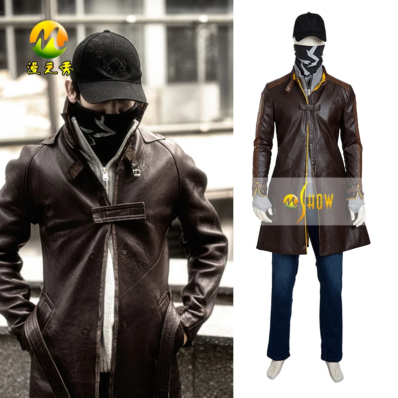 

Hot Game Watch Dogs Aiden Pearce Cosplay Costume leather Trench for Men Adult Coat Party Set Halloween suit custom size custom