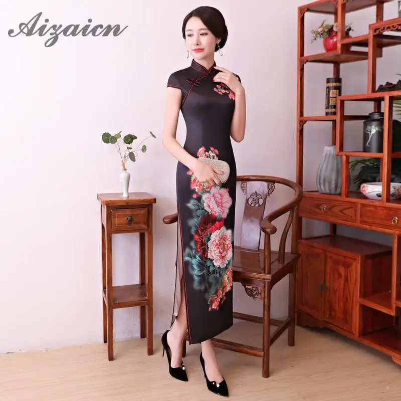 2018 новый черный традиционное китайское платье Для женщин Рубашка с короткими рукавами Vestidos Винтаж Qipao сексуальная Cheongsam Цветочный принт