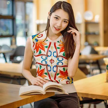 

New European summer 2019 women's silk vest color printed sleeveless t-shirts