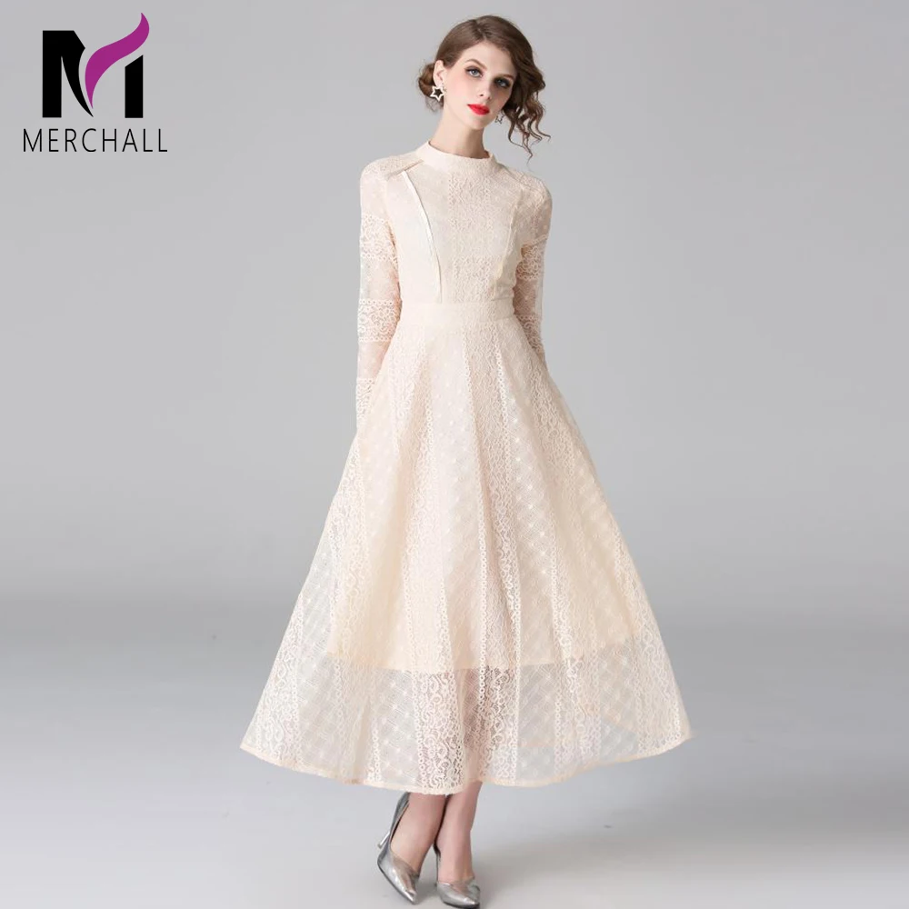 

Merchall High Quality Runway 2019 Spring Summer New Fashion Women Party Office Hollow Out Vintage Lace Long Sleeved Dress