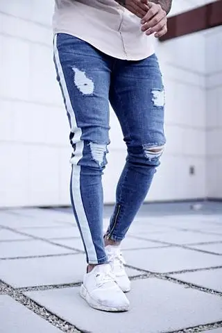 2018 Jeans for Men Tape Designer Distressed Stretch Jeans fashion Brand Blue Skinny Jeans Ripped Slim Fit for Guys Plus Size