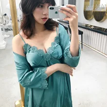 Весеннее Новое повседневное домашнее платье Цветочная отделка Сексуальное Женское халат кимоно банное платье атласное 2 шт. ночное белье с v-образным вырезом Ночная рубашка костюм m-xl