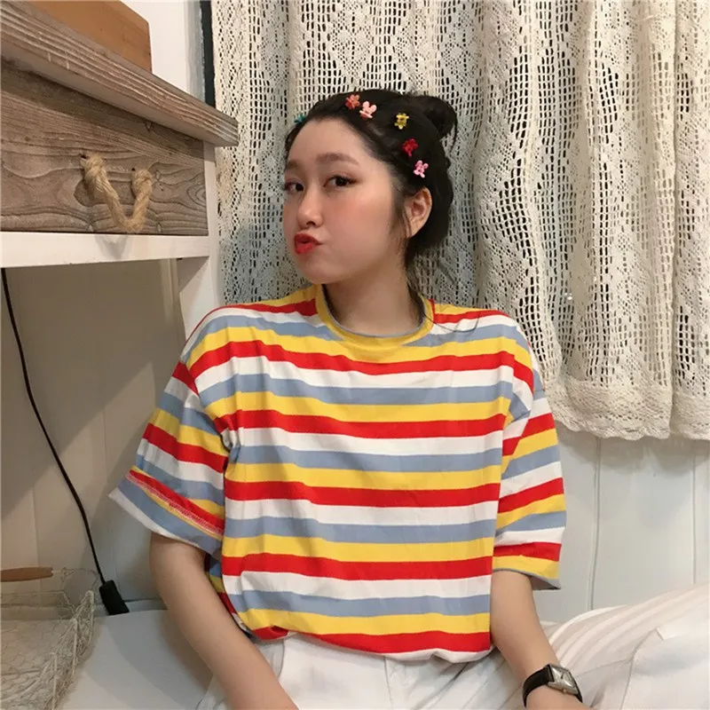 

New T Shirt Women Rainbow Striped Tops 2019 Summer Loose Short Sleeve Korean Punk T-shirt camiseta feminina Harajuku Tshirt