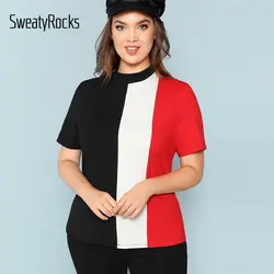 SweatyRocks плюс Размеры Mock Neck Цвет блок Для женщин футболка повседневные футболки Femme 2018 Лето Для женщин s Костюмы топы с короткими рукавами