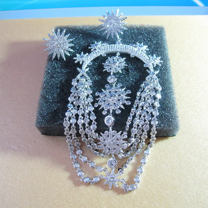

Russia New fashion white zirconia unicorn star tassel long dangle earrings boucle d'oreille wedding Party jewelry for women