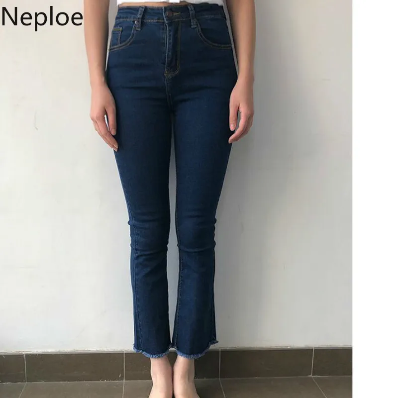 

Neploe Korean High Waist Solid Women Jeans Skinny Button Fly Pcckets Stripe Flare Denim Jean Zipper Jean 45427