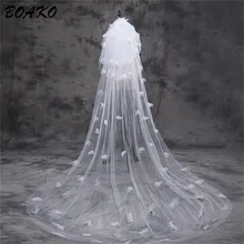 BOAKO 3 Meters Three Layer Tulle Long Wedding Veil White 3M Cut Edge Bridal Veil with Embroidered Flower Petals Velos De Novia